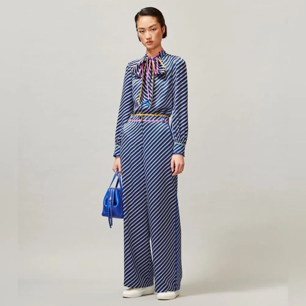Tory Burch Blue and White Tie Front Long Sleeve Blouse - Picture 6 of 10
